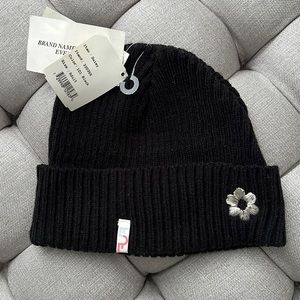 FUR Ribbed Black Hat with Silver Flower Embroidery